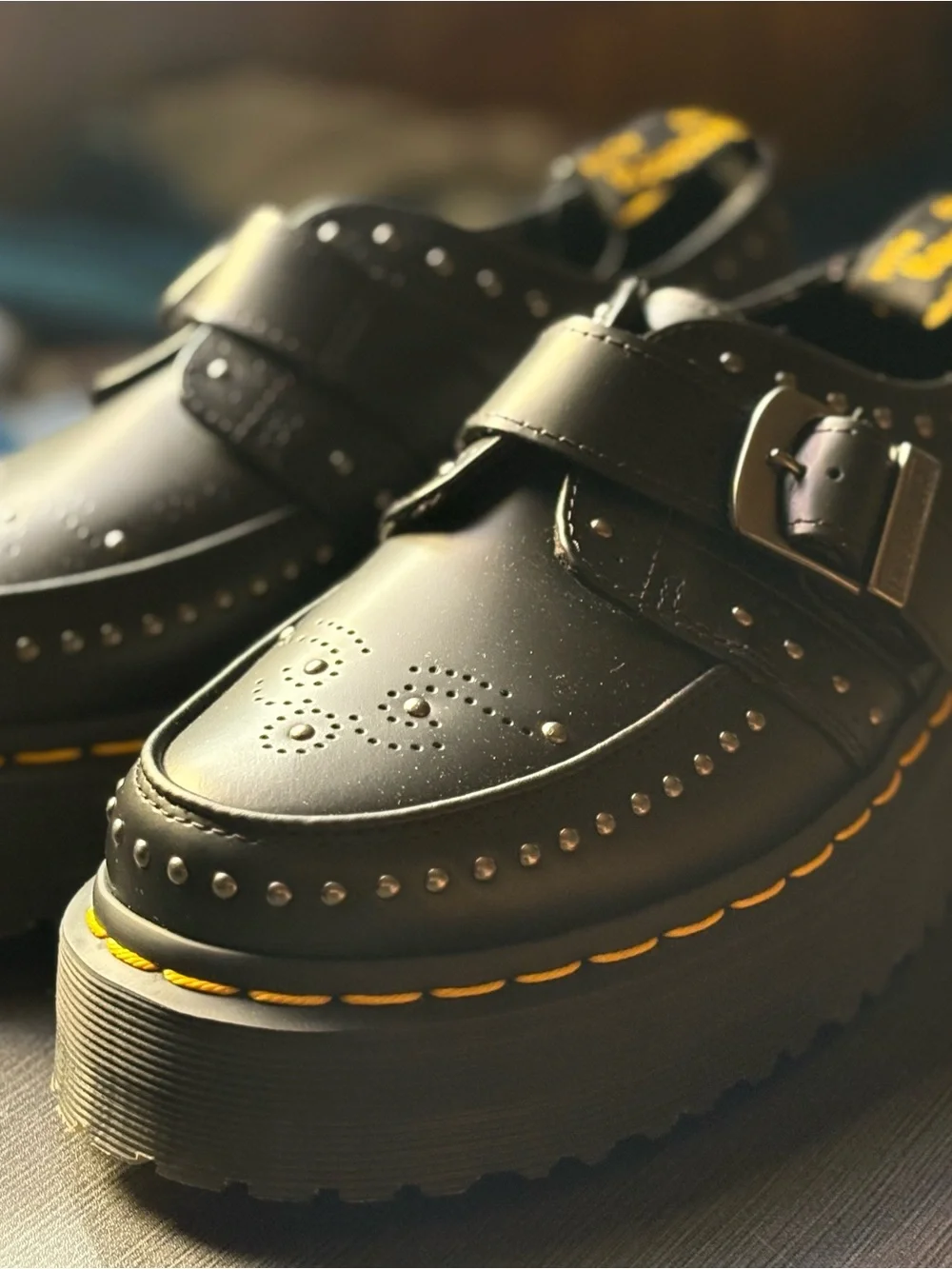 Dr. Martens Black Leather Monk Strap Platform Loafers with Yellow Stitching